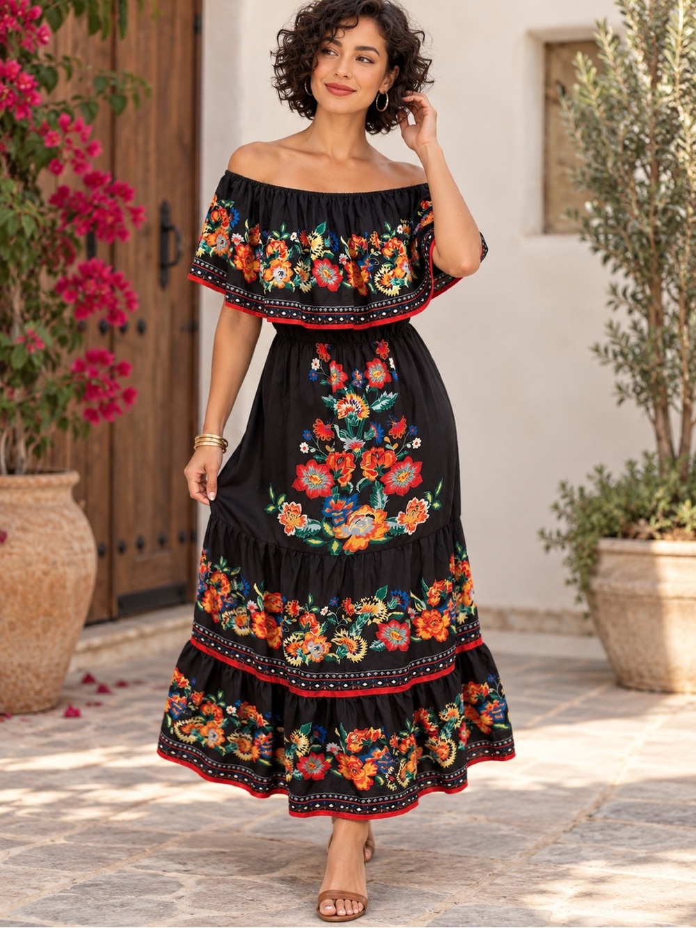 Off-Shoulder Floral Maxi Dress - Black
